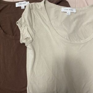 Pink Rose Tan and Cream Fitted Ribbed Cap Sleeve Tee
